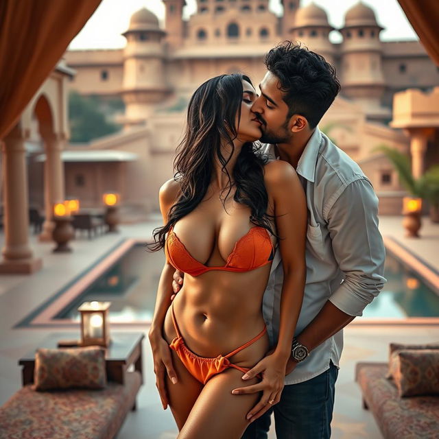 A sensual scene set in a beautifully decorated Rajasthani fort resort featuring a woman resembling Nushrat Bharucha in a stylish bikini