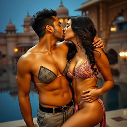 A sensual scene set in a beautifully decorated Rajasthani fort resort featuring a woman resembling Nushrat Bharucha in a stylish bikini