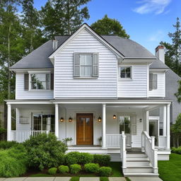 Two-story white house with a pitched roof and a car porch