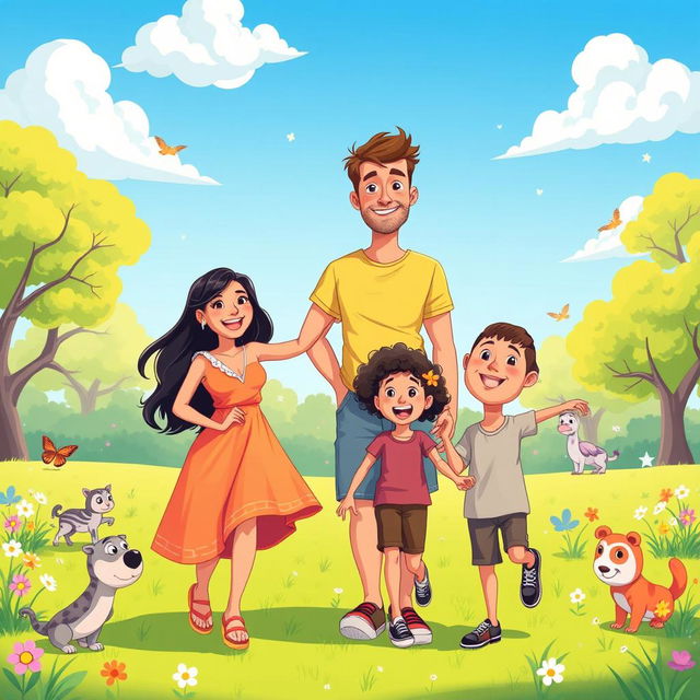 A colorful and cheerful cartoon family scene featuring a diverse family of four, with a mother, father, a teenage daughter, and a young son