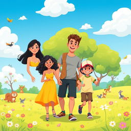 A colorful and cheerful cartoon family scene featuring a diverse family of four, with a mother, father, a teenage daughter, and a young son