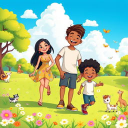 A colorful and cheerful cartoon family scene featuring a diverse family of four, with a mother, father, a teenage daughter, and a young son