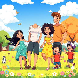 A colorful and cheerful cartoon family scene featuring a diverse family of four, with a mother, father, a teenage daughter, and a young son