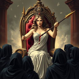 A dramatic and powerful illustration of a beautiful lady, exuding elegance and youth, seated gracefully on an ornate throne, radiating a captivating charm