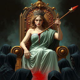 A dramatic and powerful illustration of a beautiful lady, exuding elegance and youth, seated gracefully on an ornate throne, radiating a captivating charm