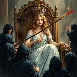 A dramatic and powerful illustration of a beautiful lady, exuding elegance and youth, seated gracefully on an ornate throne, radiating a captivating charm