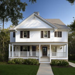 Two-story white house with a pitched roof and a car porch