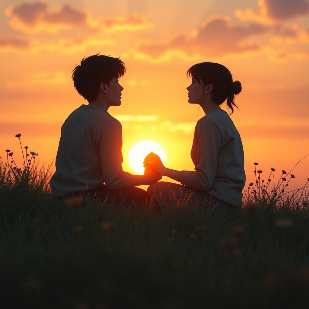 A romantic and heartwarming scene inspired by 'whisper of the heart,' depicting two young people in love sharing a quiet moment