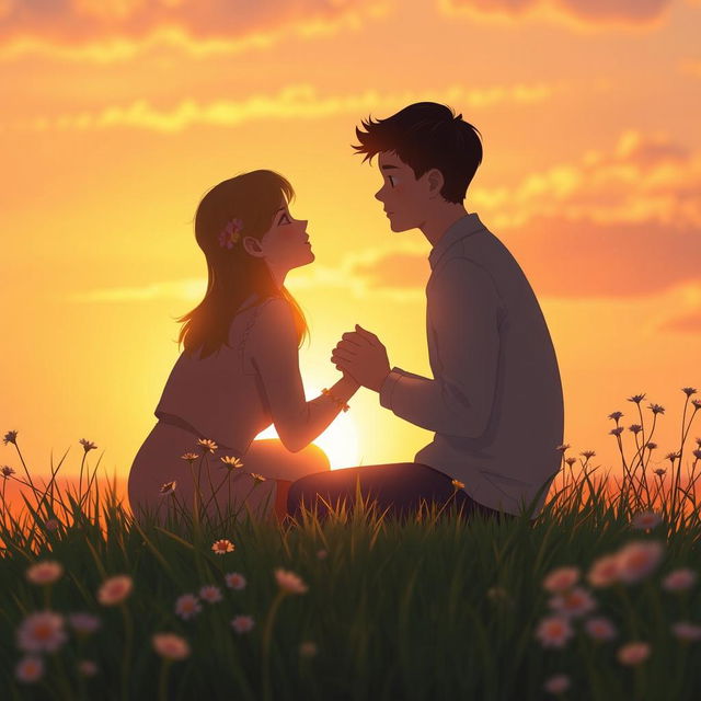 A romantic and heartwarming scene inspired by 'whisper of the heart,' depicting two young people in love sharing a quiet moment