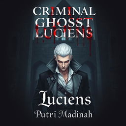 A book cover design featuring a handsome albino detective in a dark, gothic kingdom setting, surrounded by an atmosphere of mystery and blood