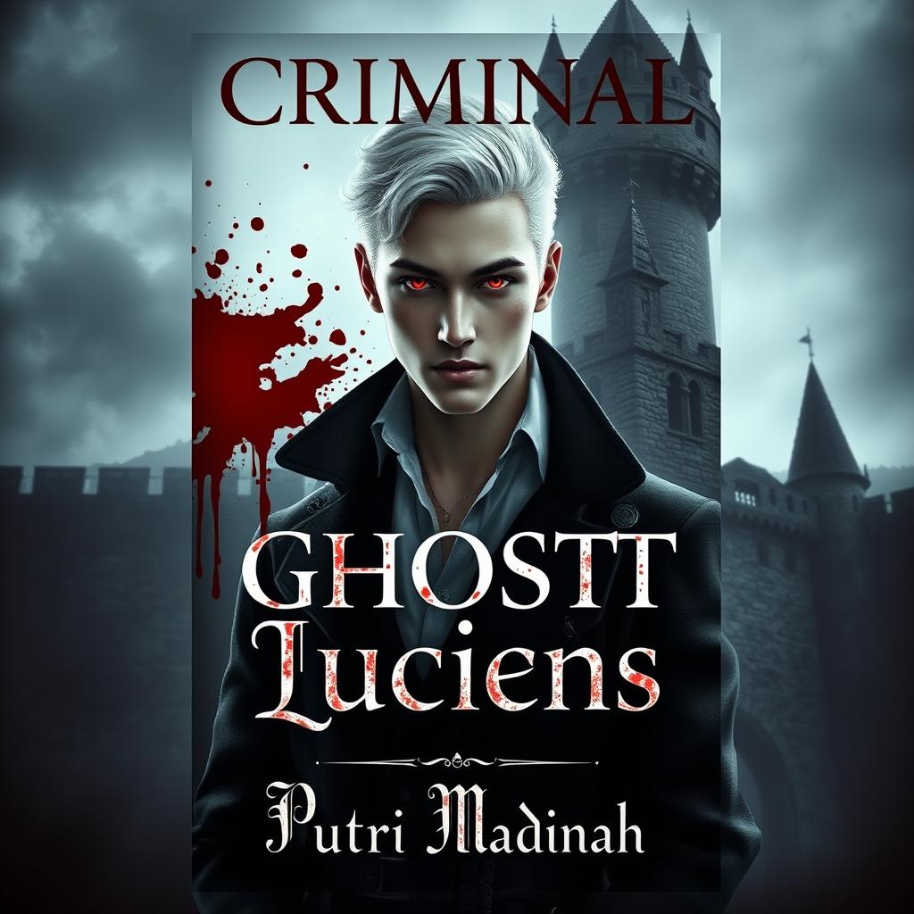 A book cover design featuring a handsome albino detective in a dark, gothic kingdom setting, surrounded by an atmosphere of mystery and blood