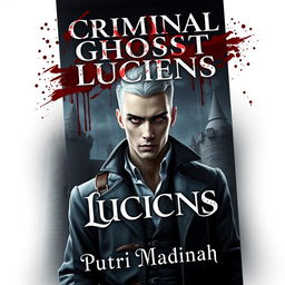 A book cover design featuring a handsome albino detective in a dark, gothic kingdom setting, surrounded by an atmosphere of mystery and blood