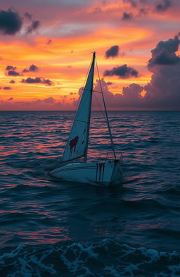 A haunting scene set in the Caribbean Ocean at dusk, featuring a partially sunk sailboat in the center of the image