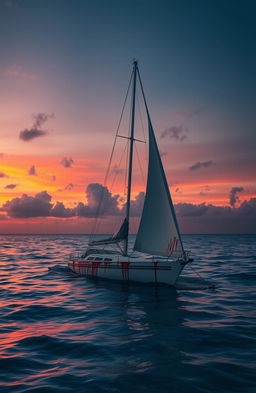A haunting scene set in the Caribbean Ocean at dusk, featuring a partially sunk sailboat in the center of the image