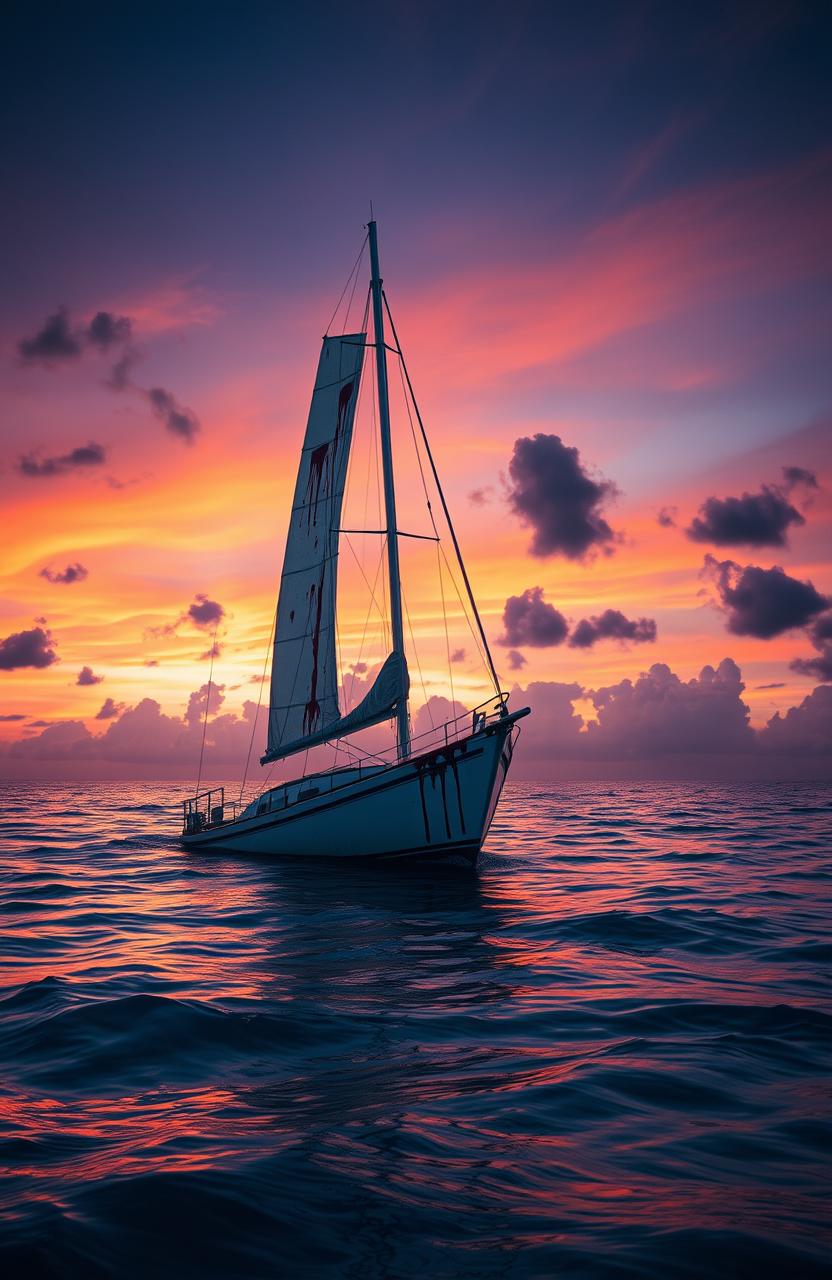 A haunting scene set in the Caribbean Ocean at dusk, featuring a partially sunk sailboat in the center of the image