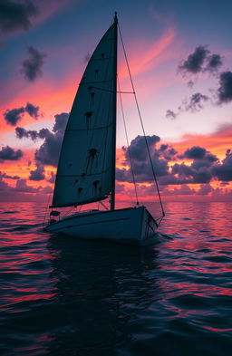 A haunting scene set in the Caribbean Ocean at dusk, featuring a partially sunk sailboat in the center of the image