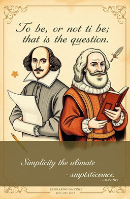 A creative and artistic cover page featuring illustrations of Shakespeare and Leonardo da Vinci