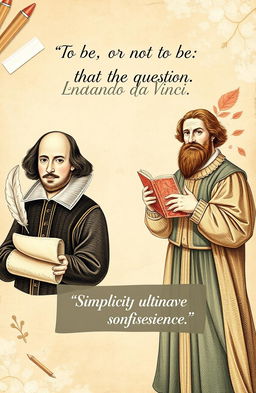 A creative and artistic cover page featuring illustrations of Shakespeare and Leonardo da Vinci