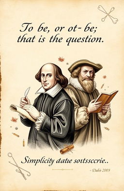 A creative and artistic cover page featuring illustrations of Shakespeare and Leonardo da Vinci
