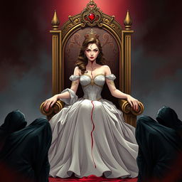 A striking illustration of a beautiful lady, elegantly crowned, seated on a grand throne, exuding charm and vibrant youth