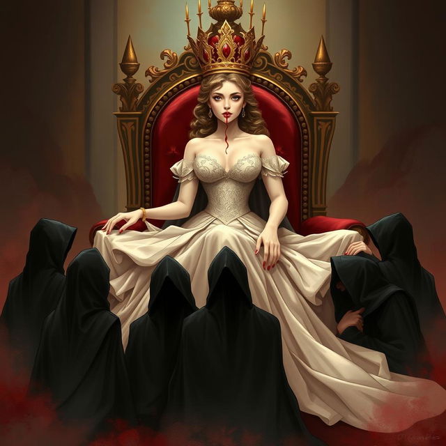 A striking illustration of a beautiful lady, elegantly crowned, seated on a grand throne, exuding charm and vibrant youth