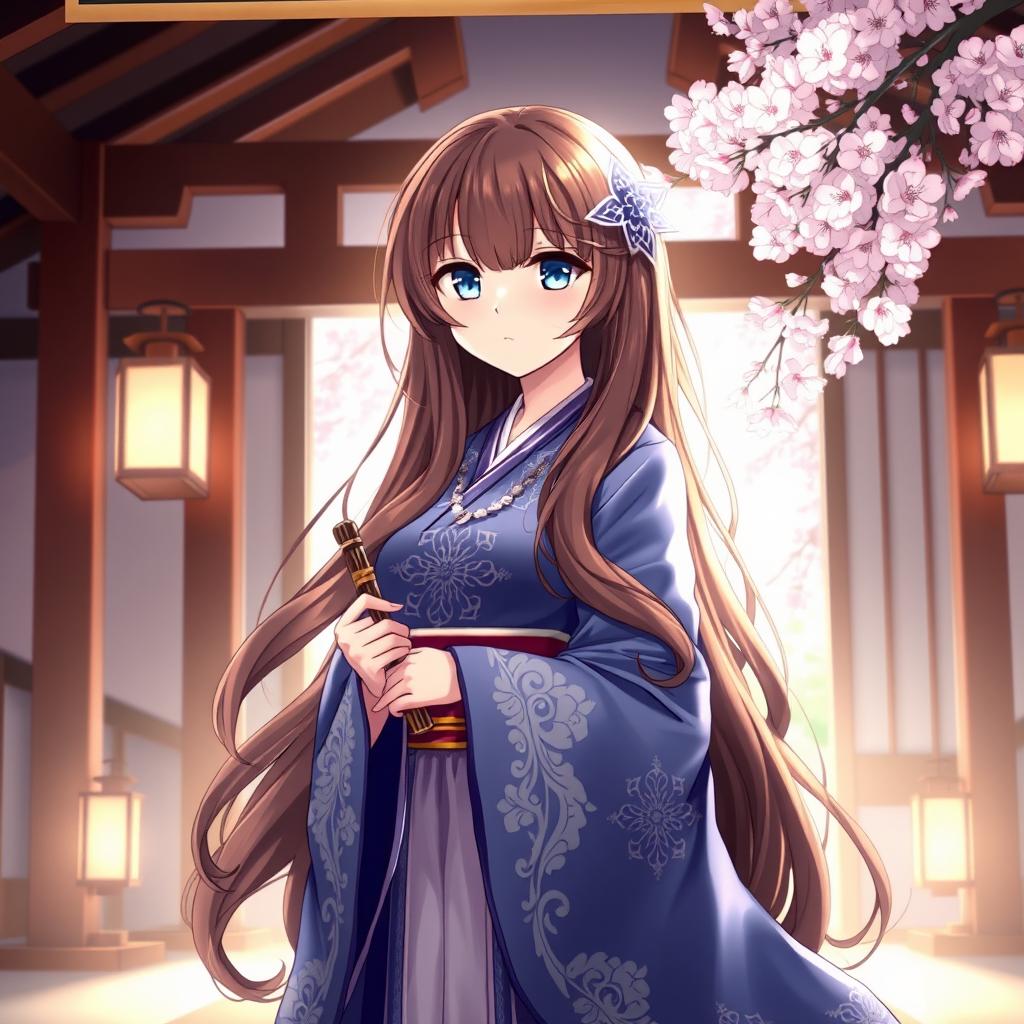 An enchanting anime-style illustration of a Shinto priestess inside a tranquil shrine, dressed in an elegant blue and white robe adorned with ornate details