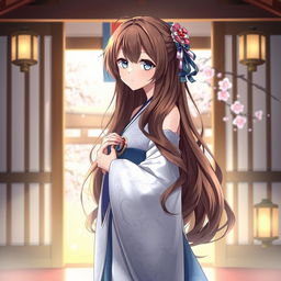 An enchanting anime-style illustration of a Shinto priestess inside a tranquil shrine, dressed in an elegant blue and white robe adorned with ornate details