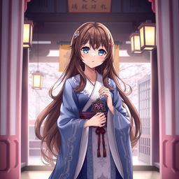 An enchanting anime-style illustration of a Shinto priestess inside a tranquil shrine, dressed in an elegant blue and white robe adorned with ornate details