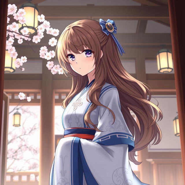 An enchanting anime-style illustration of a Shinto priestess inside a tranquil shrine, dressed in an elegant blue and white robe adorned with ornate details