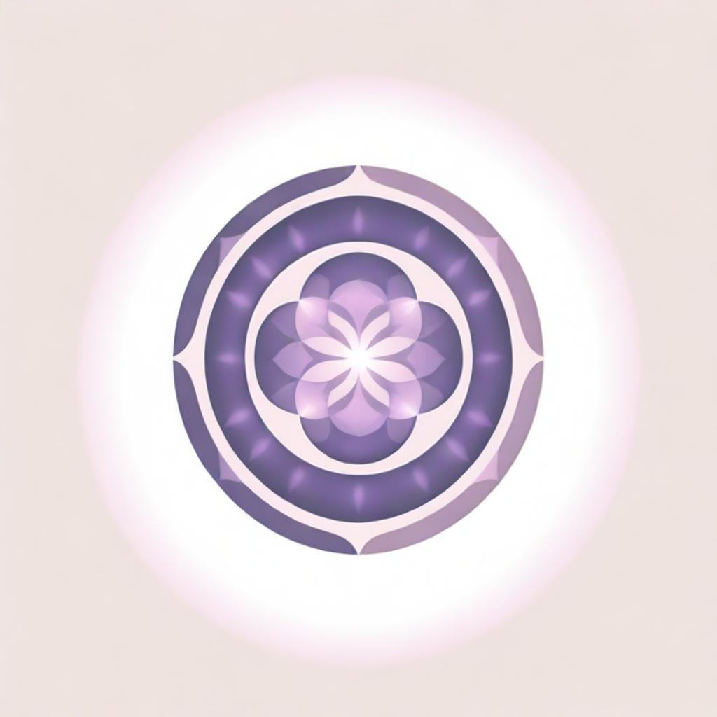 A graphic corporate logo displaying the Flower of Life with eight petals, surrounded by sun rays dispersing in all directions in a circle, presented in soft pink and purple hues