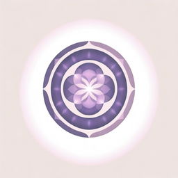 A graphic corporate logo displaying the Flower of Life with eight petals, surrounded by sun rays dispersing in all directions in a circle, presented in soft pink and purple hues