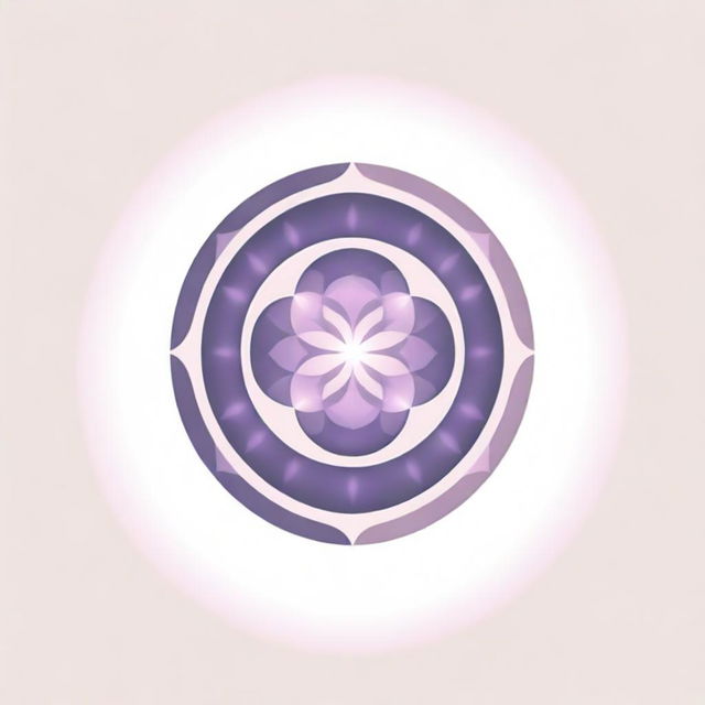 A graphic corporate logo displaying the Flower of Life with eight petals, surrounded by sun rays dispersing in all directions in a circle, presented in soft pink and purple hues