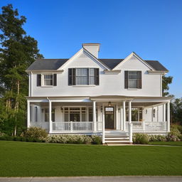 Two-story white house with a pitched roof and a car porch