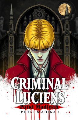 A captivating cover for a detective theme featuring a handsome albino detective with striking yellow hair and bangs, adorned in royal attire