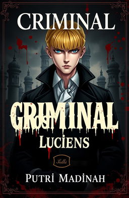 A captivating cover for a detective theme featuring a handsome albino detective with striking yellow hair and bangs, adorned in royal attire