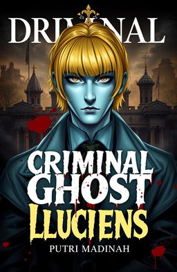 A captivating cover for a detective theme featuring a handsome albino detective with striking yellow hair and bangs, adorned in royal attire