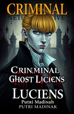 A captivating cover for a detective theme featuring a handsome albino detective with striking yellow hair and bangs, adorned in royal attire