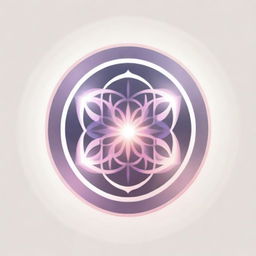 A graphic corporate logo displaying the Flower of Life with eight petals, surrounded by sun rays dispersing in all directions in a circle, presented in soft pink and purple hues