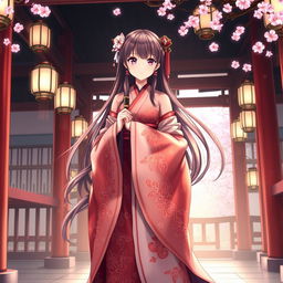 An enchanting anime-style illustration of a Shinto priestess standing gracefully in a traditional shrine