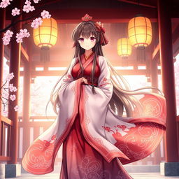 An enchanting anime-style illustration of a Shinto priestess standing gracefully in a traditional shrine