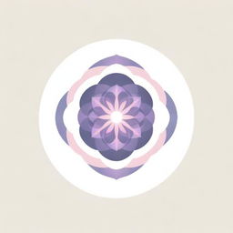 A graphic corporate logo displaying the Flower of Life with eight petals, surrounded by sun rays dispersing in all directions in a circle, presented in soft pink and purple hues