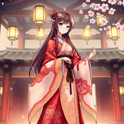 An enchanting anime-style illustration of a Shinto priestess standing gracefully in a traditional shrine