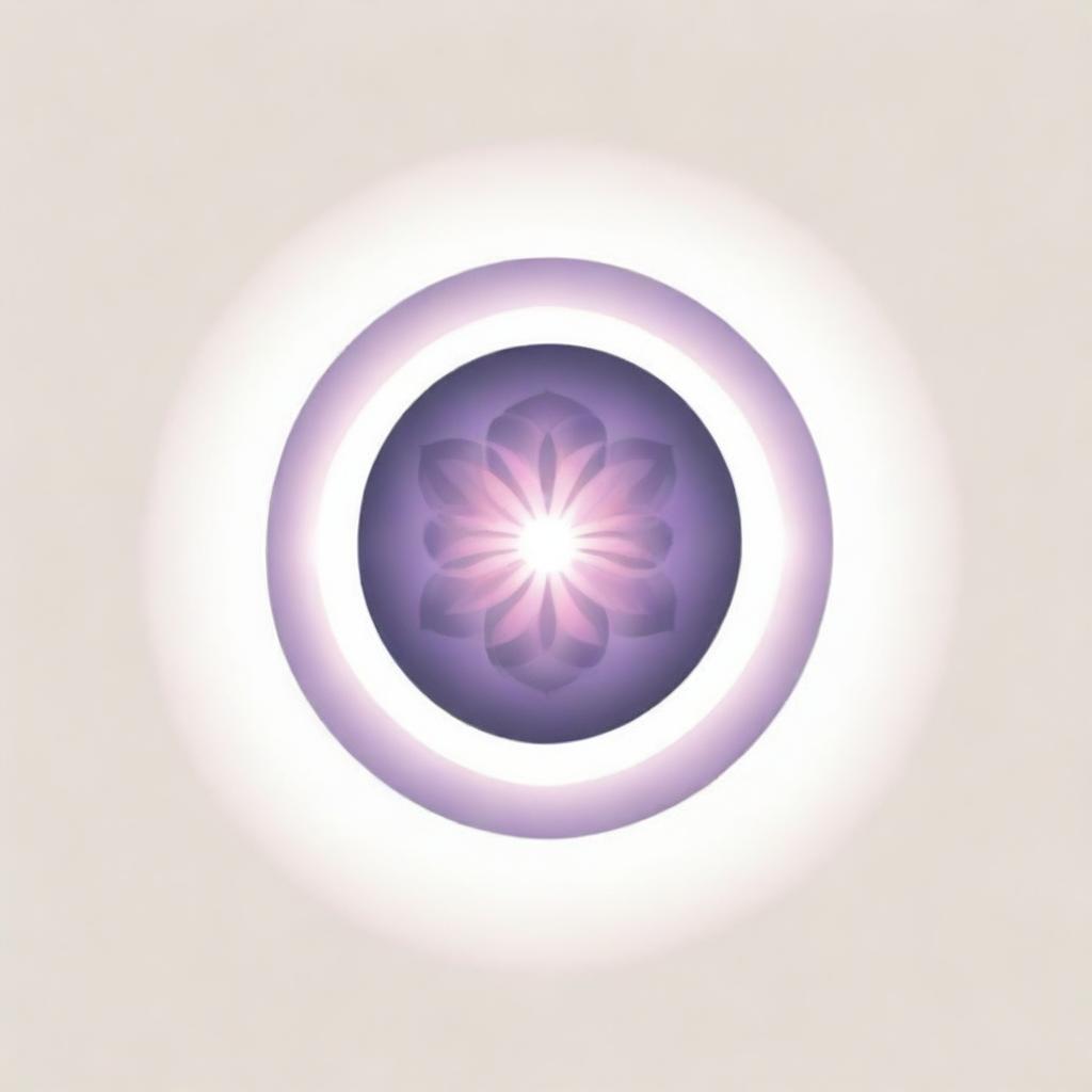 A graphically minimalistic corporate logo featuring the Flower of Life with eight petals, sun rays beaming all around in a circular pattern, rendered in soft pink and purple shades