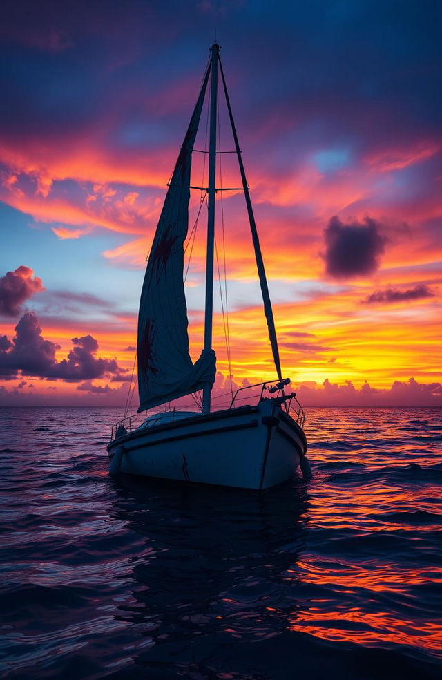 A scene set in the Caribbean Ocean at dusk, featuring a partially sunk sailboat at the center of the image