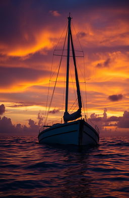 A scene set in the Caribbean Ocean at dusk, featuring a partially sunk sailboat at the center of the image