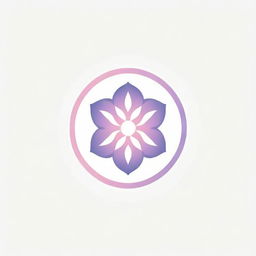 A graphically minimalistic corporate logo featuring the Flower of Life with eight petals, sun rays beaming all around in a circular pattern, rendered in soft pink and purple shades