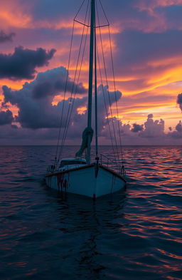 A scene set in the Caribbean Ocean at dusk, featuring a partially sunk sailboat at the center of the image