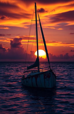 A scene set in the Caribbean Ocean at dusk, featuring a partially sunk sailboat at the center of the image