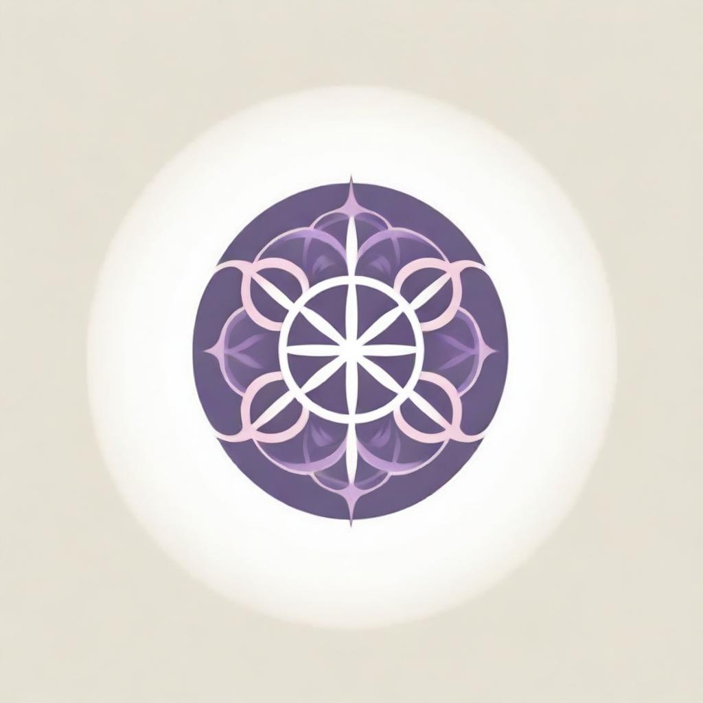 A minimalistic corporate logo created in the style of an eastern ornamental pattern, showcasing the Flower of Life with eight petals and sun rays radiating in all directions, brought to life in subtle pink and purple tones