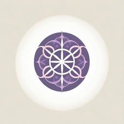 A minimalistic corporate logo created in the style of an eastern ornamental pattern, showcasing the Flower of Life with eight petals and sun rays radiating in all directions, brought to life in subtle pink and purple tones